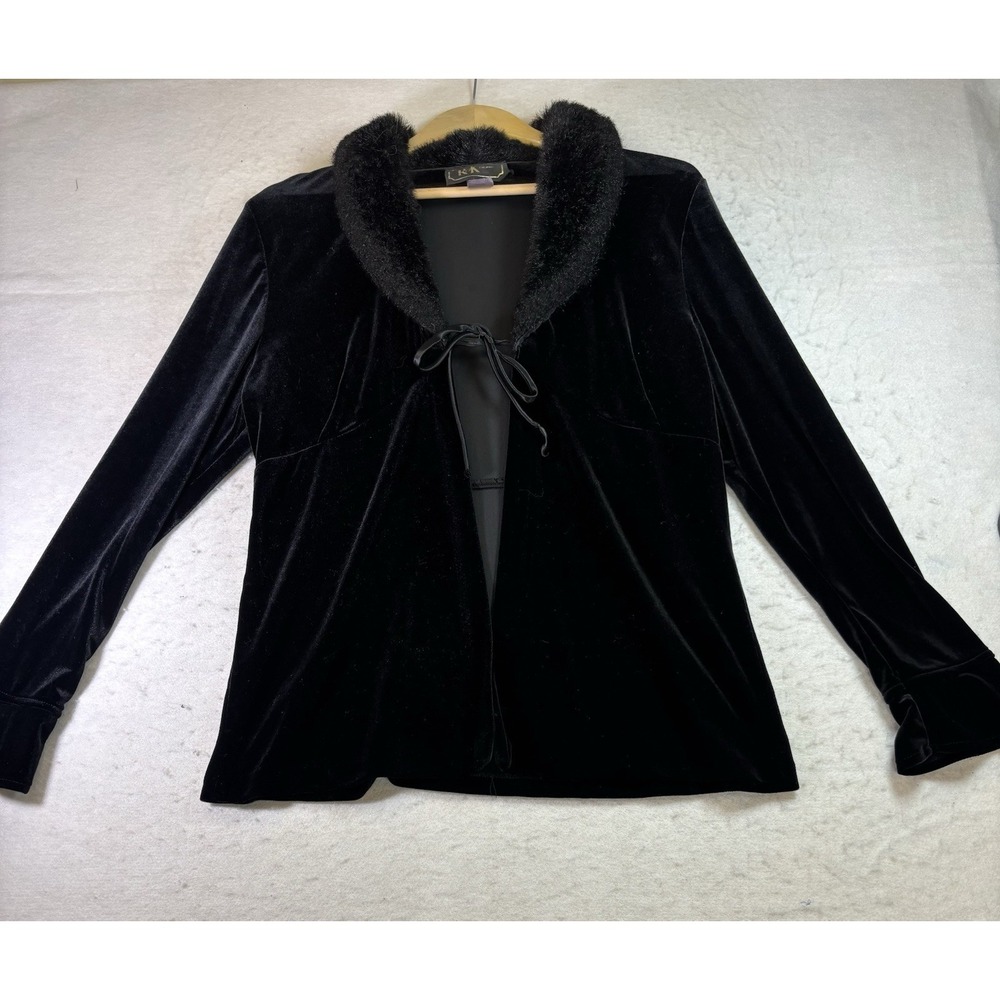 R&K Evening Velvet Open Front Jacket Faux Fur Collar Tie Front Black 12 Goth